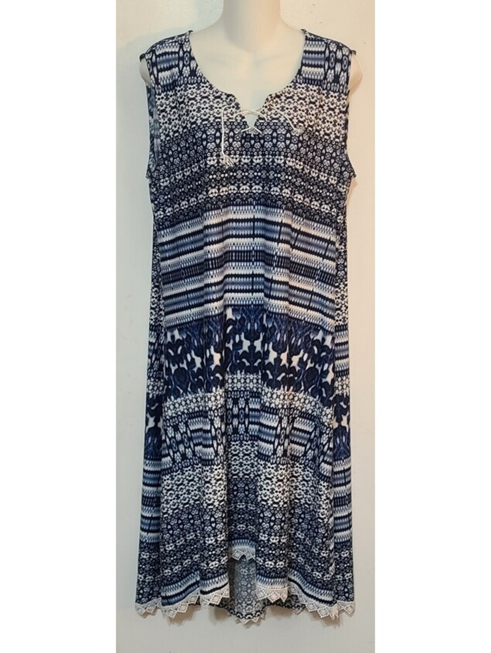One World Geometric Mixed Print Midi Dress Womens Size XL White Blue Laceup Neck